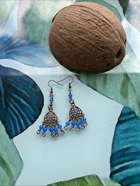Artisan made Bohemian cobalt  Blue jade Beaded Dangle Earrings -